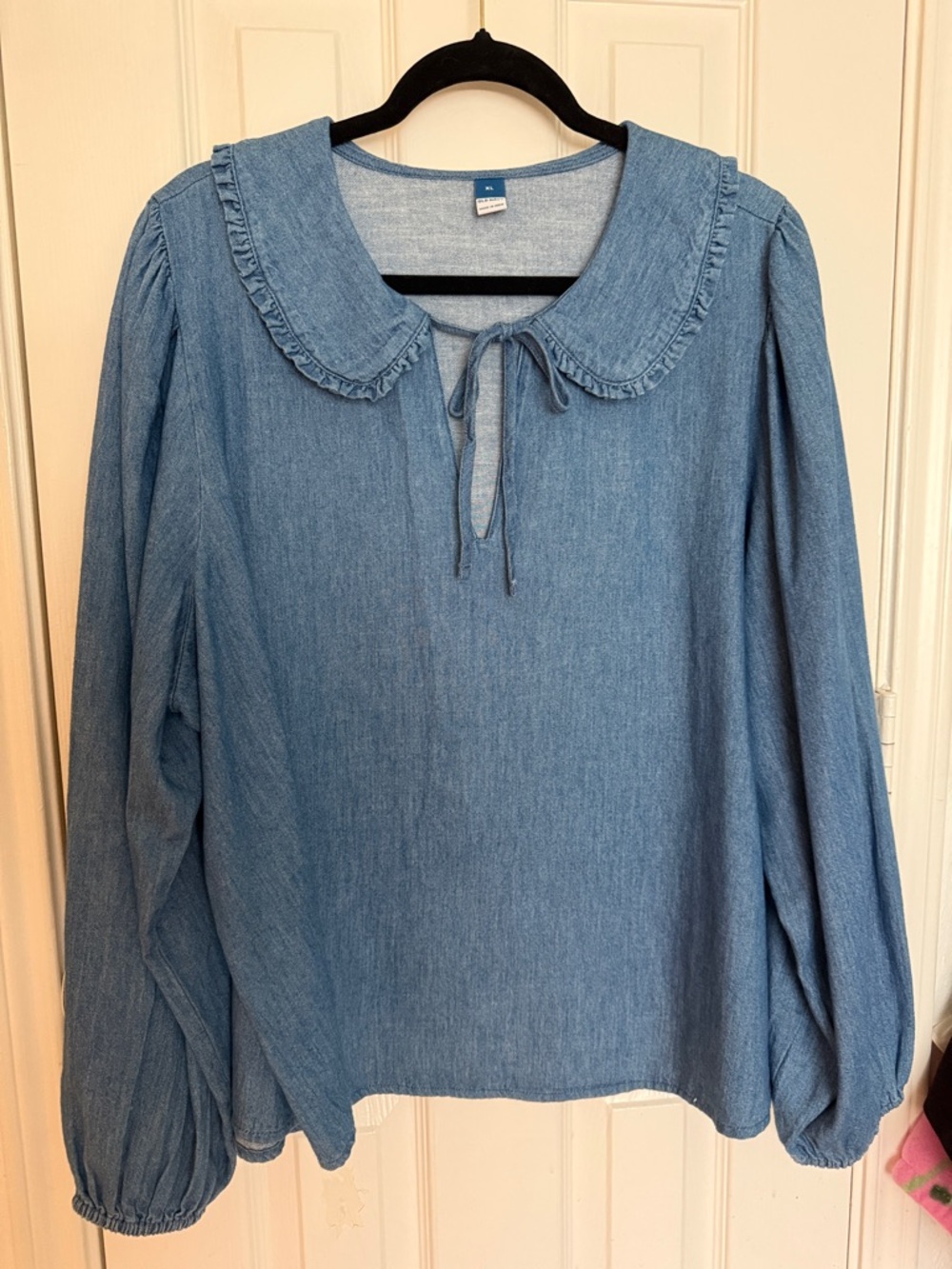 Old Navy Light Denim Tie-Neck Ruffle Collar Blouse